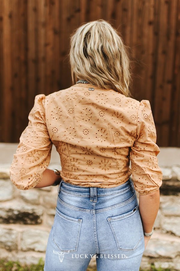 Prairie Rose Eyelet Top — Camel Pearl Snap V-Neck